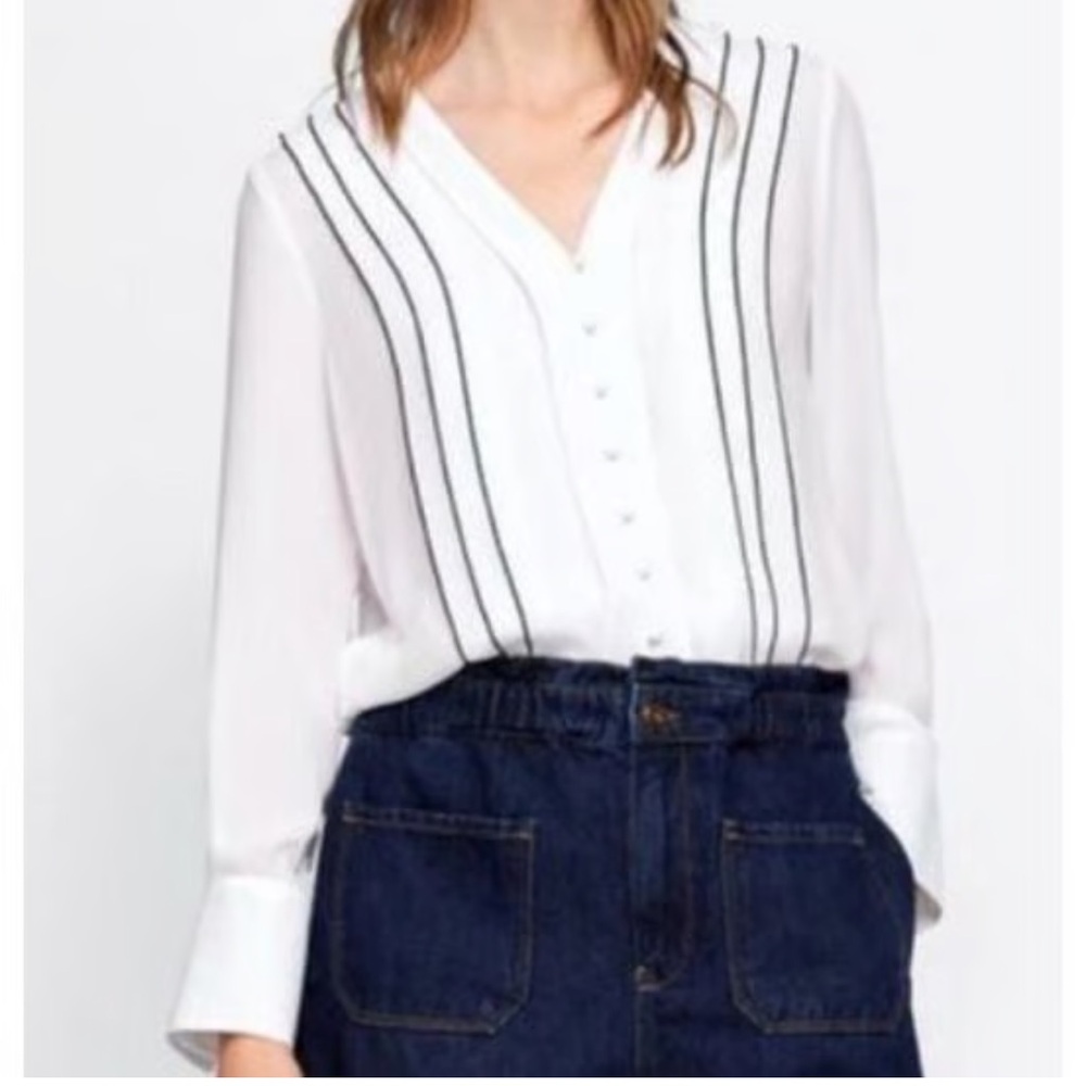 Zara White Blouse with Black Pinstripes